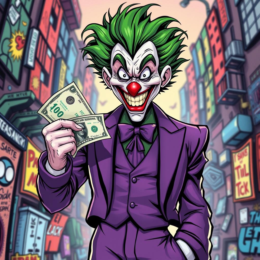 A vibrant, full-body depiction of a Joker character wearing a distinctive purple suit, complete with a flamboyant tie