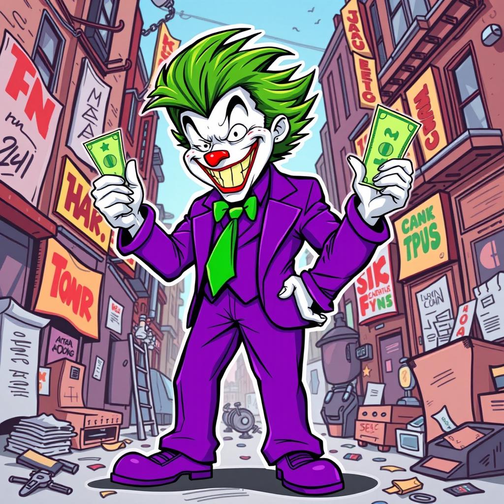 A colorful, full-body illustration of a Joker character wearing a striking purple suit, complete with a flamboyant tie and stylish shoes