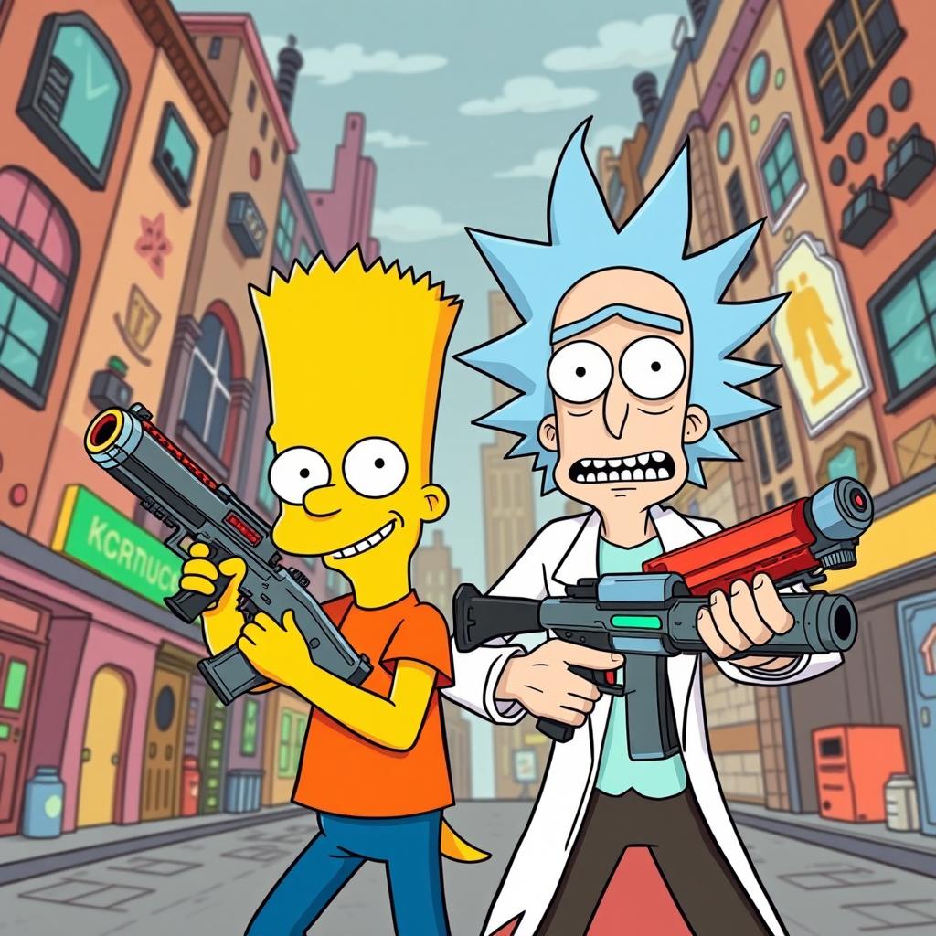 An exciting illustration featuring Bart Simpson and Rick Sanchez from Rick and Morty, armed with playful toy guns