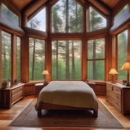 A rustic, cozy and inviting bedroom nestled within a forest retreat. It's adorned with handcrafted wooden furniture, large panoramic windows providing expansive views of tranquil woods, towering trees and soft twilight hues.