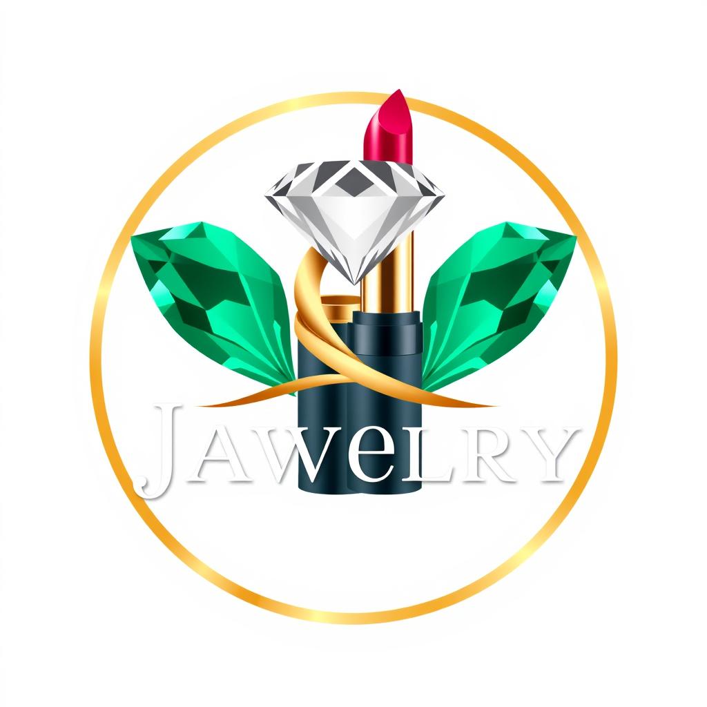 A sophisticated and elegant logo design for a jewelry and makeup brand, featuring intertwined elements of sparkling gemstones and luxurious cosmetic products