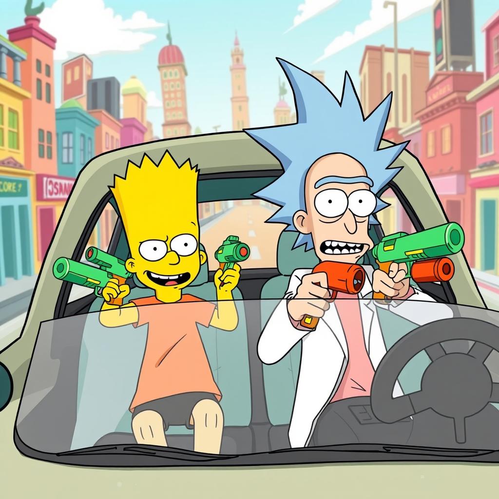 An exciting scene featuring Bart Simpson and Rick Sanchez from Rick and Morty inside a colorful cartoonish car, both holding playful toy guns