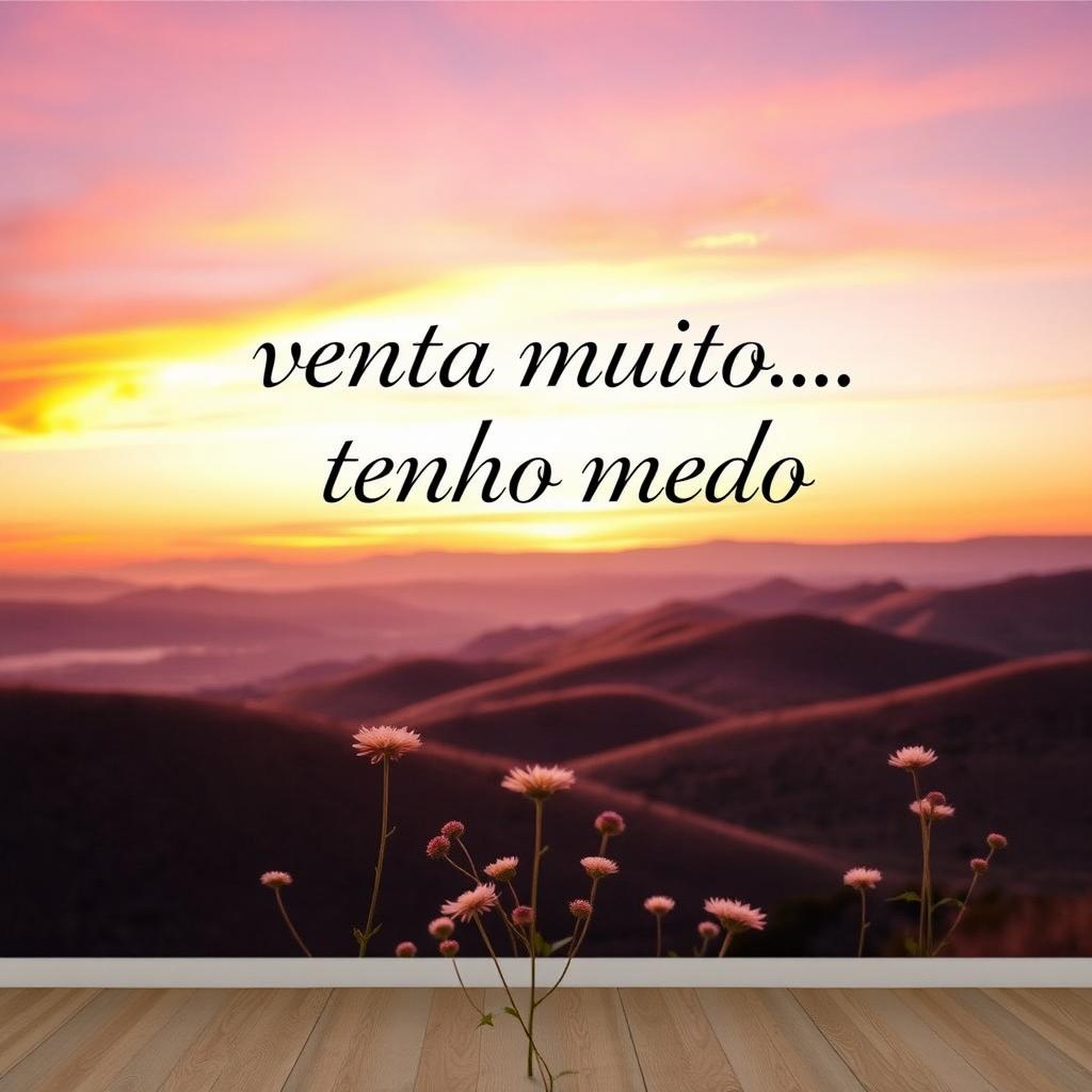 An inspirational poster designed for a living room, featuring a serene landscape with a beautiful sunset over rolling hills