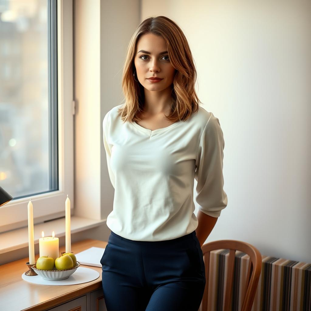 A 35-year-old woman with medium-sized light brown hair and big round eyes, showcasing her white skin, standing at a little desk near a window in the soft evening light