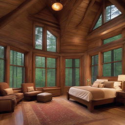 A cozy, rustic bedroom nestled inside a forest retreat, showcasing windows that filter in the serene beauty of tall trees blanketed by the gentle twilight hues.