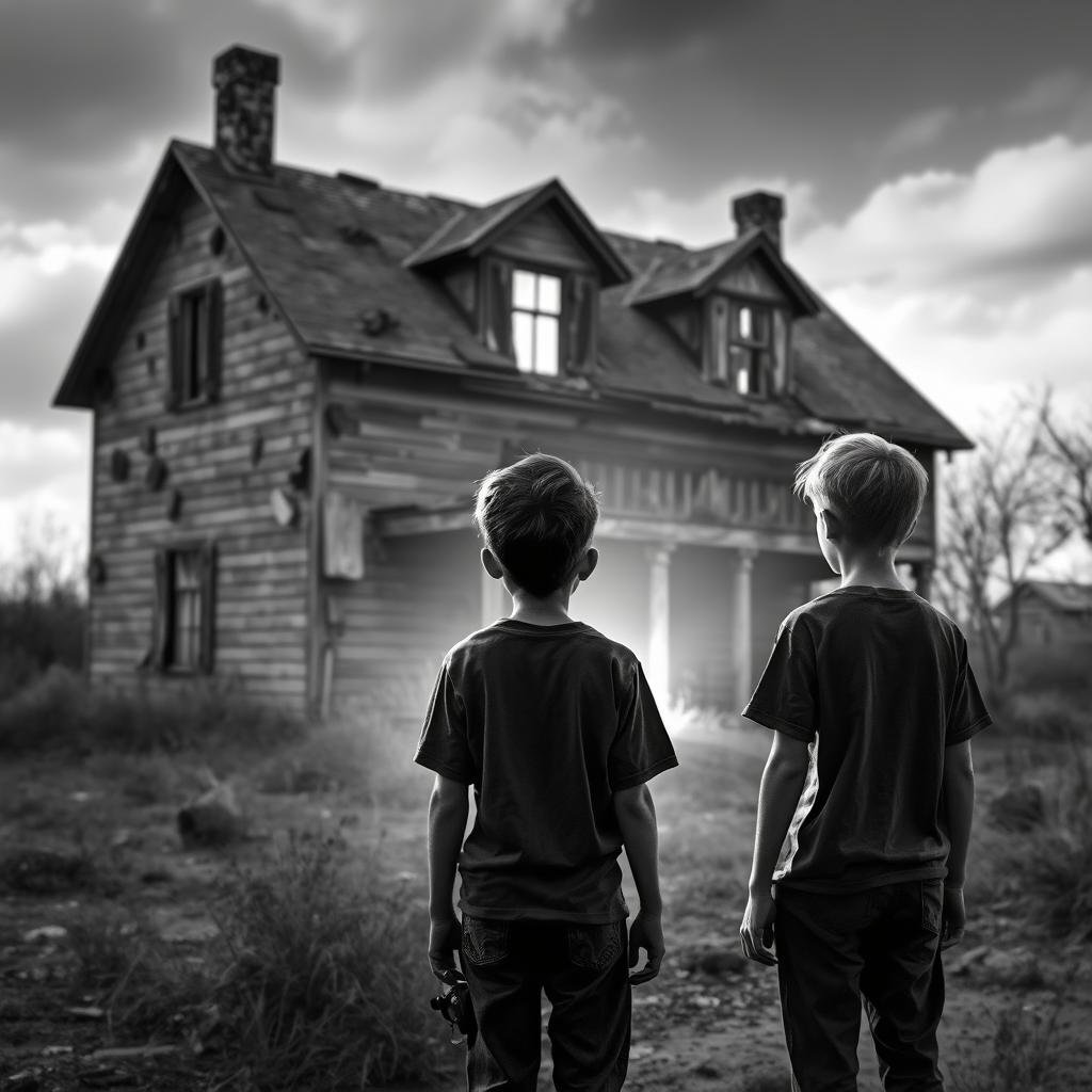 In a black and white tone, a dilapidated abandoned house serves as the backdrop