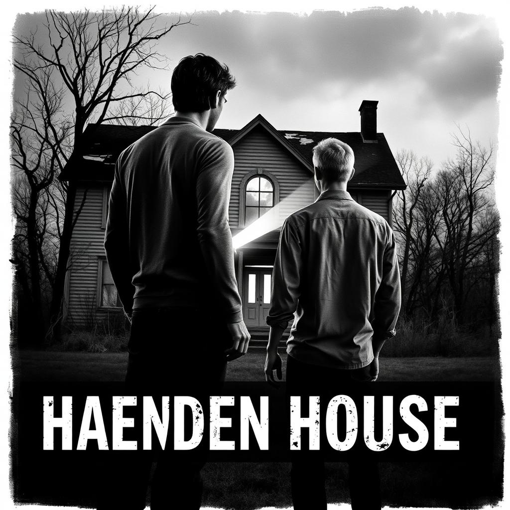 In a black and white tone, an abandoned dilapidated house forms the background for a book cover