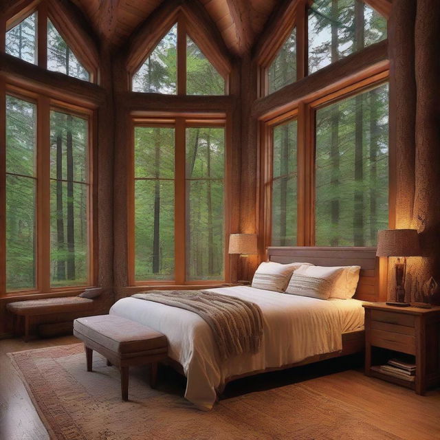 A cozy, rustic bedroom nestled inside a forest retreat, showcasing windows that filter in the serene beauty of tall trees blanketed by the gentle twilight hues.