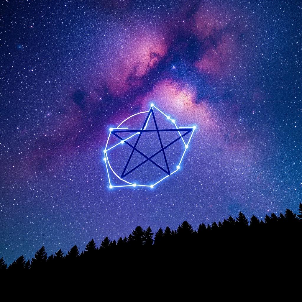 A striking scene of the Milky Way galaxy filled with vivid stars and celestial wonders, featuring a unique constellation shaped like a satanic pentagram