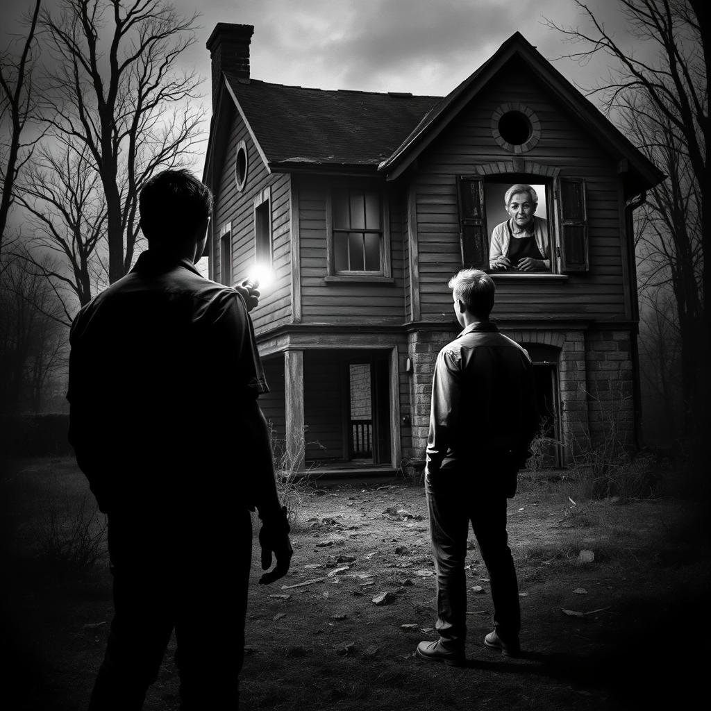 In a black and white tone, an abandoned dilapidated house looms in the background