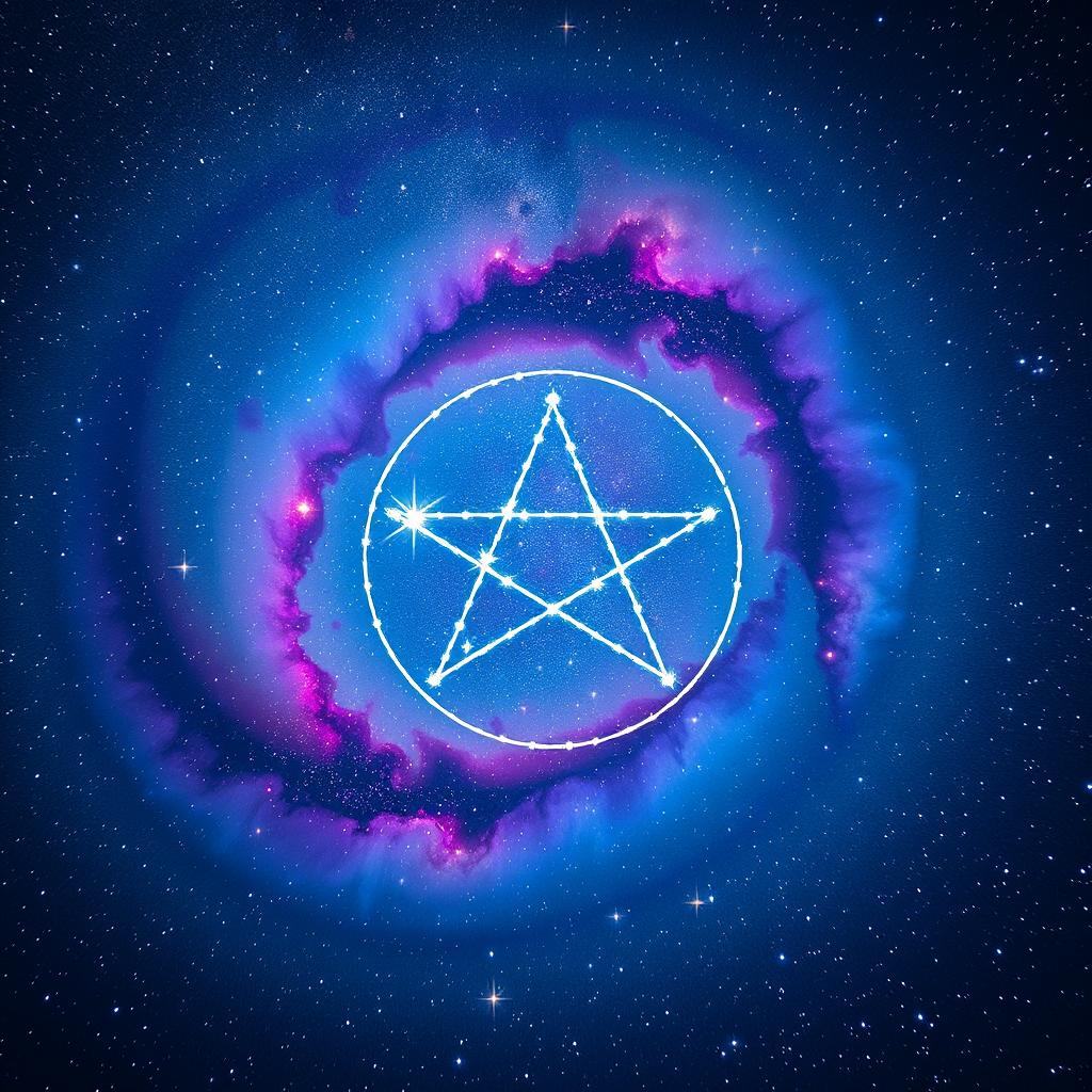 A breathtaking view of the galaxy showcasing the Milky Way, intricately designed with a constellation arranged in the form of a satanic pentagram