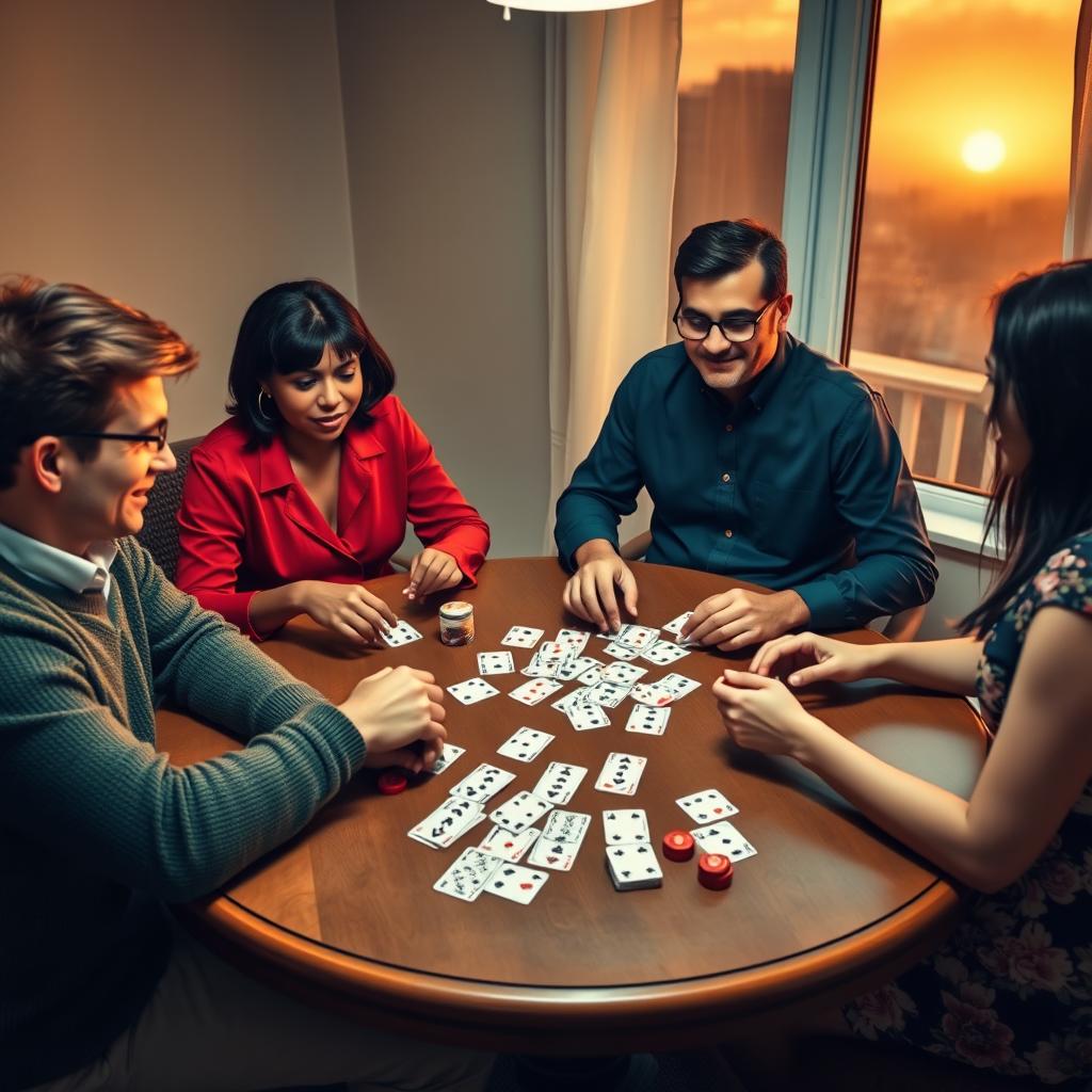 Four people sitting at a round table engaged in an intense game of playing cards