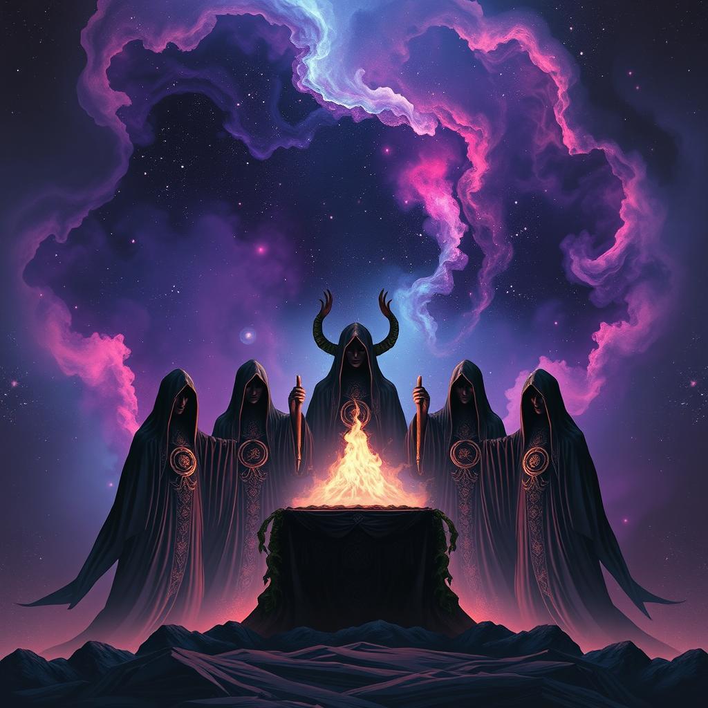 A striking illustration of an Intergalactic Death Cult, set against an awe-inspiring nebula backdrop