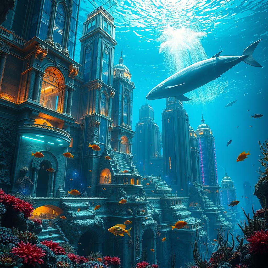 A stunning underwater city, complete with towering skyscrapers made of glass and coral, colorful marine life swimming among the buildings, vibrant lighting illuminating the structures from below, intricate details on the architecture resembling ancient ruins blended with futuristic designs