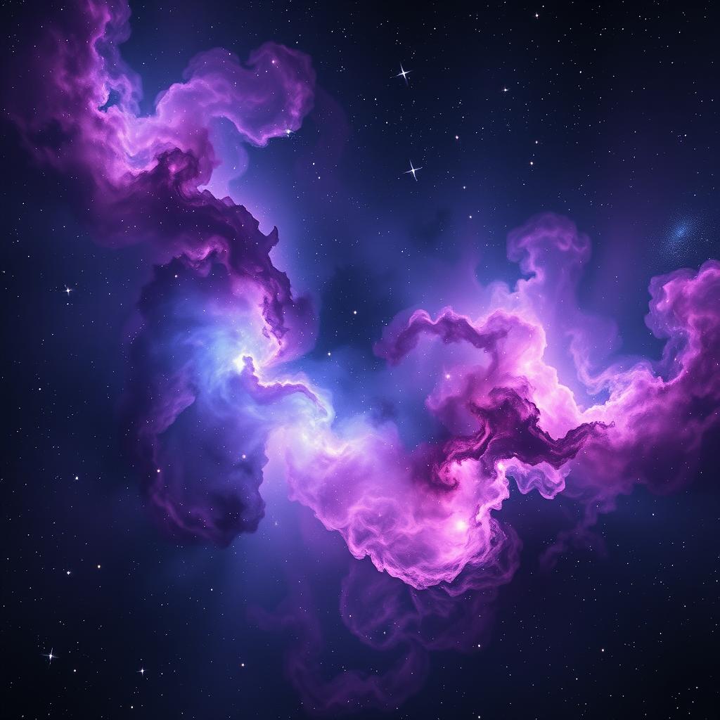 A breathtaking view of dark, cold space filled with a vibrant nebula, showcasing brilliant colors such as purples, blues, and pinks swirling together in a cosmic dance