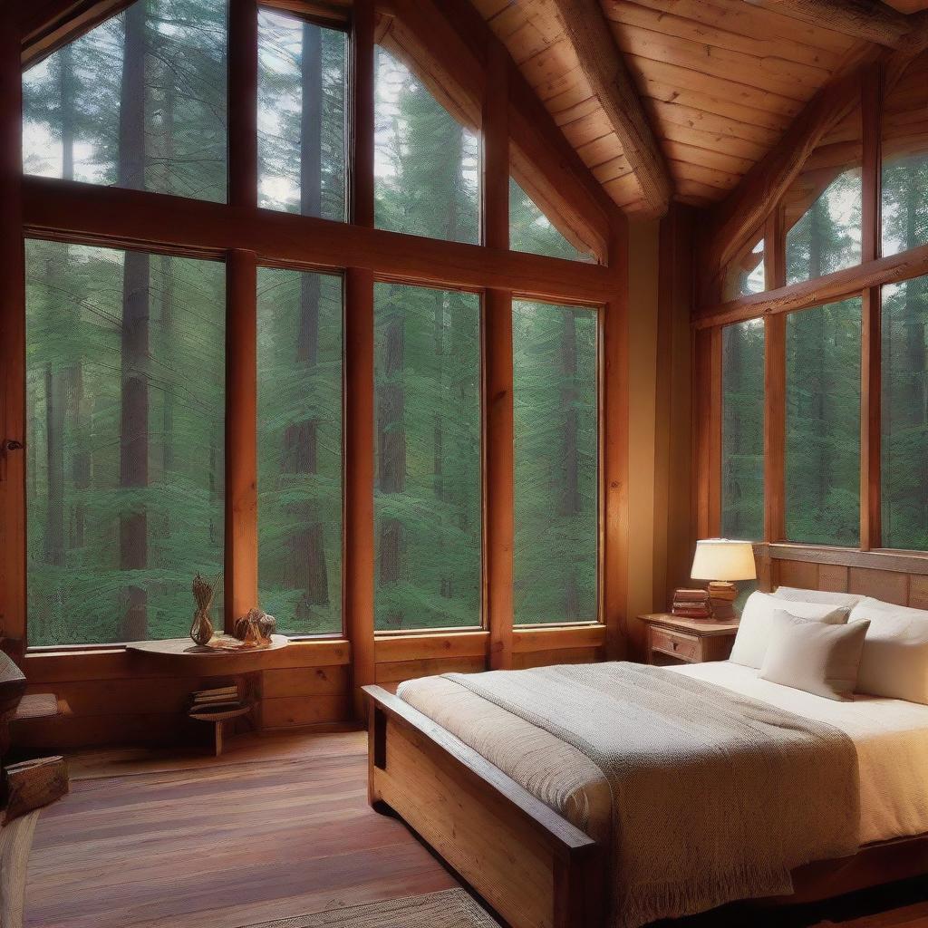 A cozy, rustic bedroom nestled inside a forest retreat, showcasing windows that filter in the serene beauty of tall trees blanketed by the gentle twilight hues.