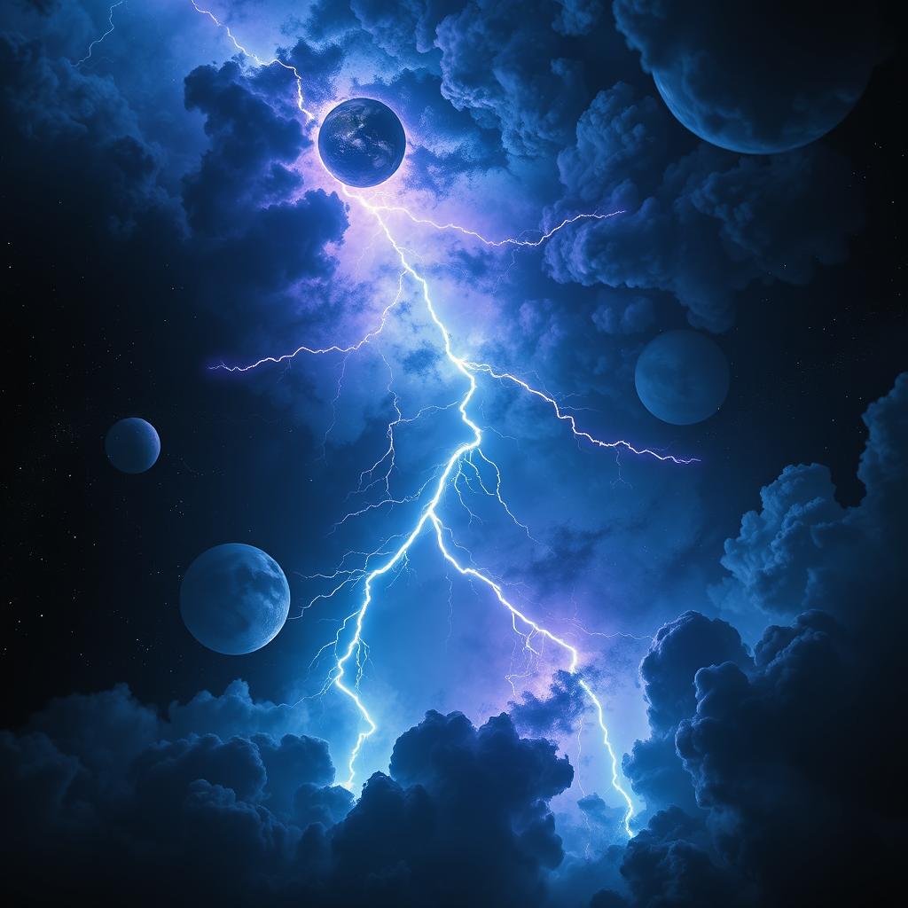 A dramatic portrayal of dark cold space featuring a massive space storm