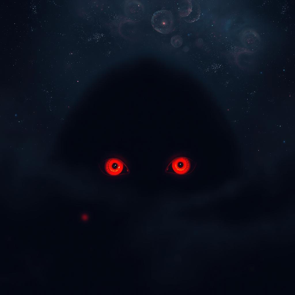 A mysterious scene set in cold, dark space, showcasing glowing red eyes peering out from the shadows