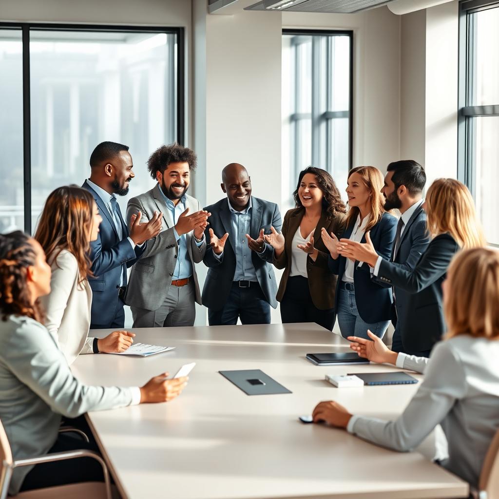 A diverse group of leaders engaged in a passionate discussion in a modern conference room