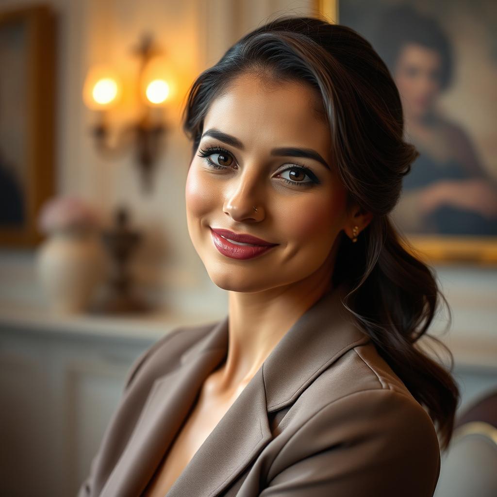 A poised and elegant individual with a serene expression, exuding confidence and grace, dressed in sophisticated attire that complements a luxurious setting