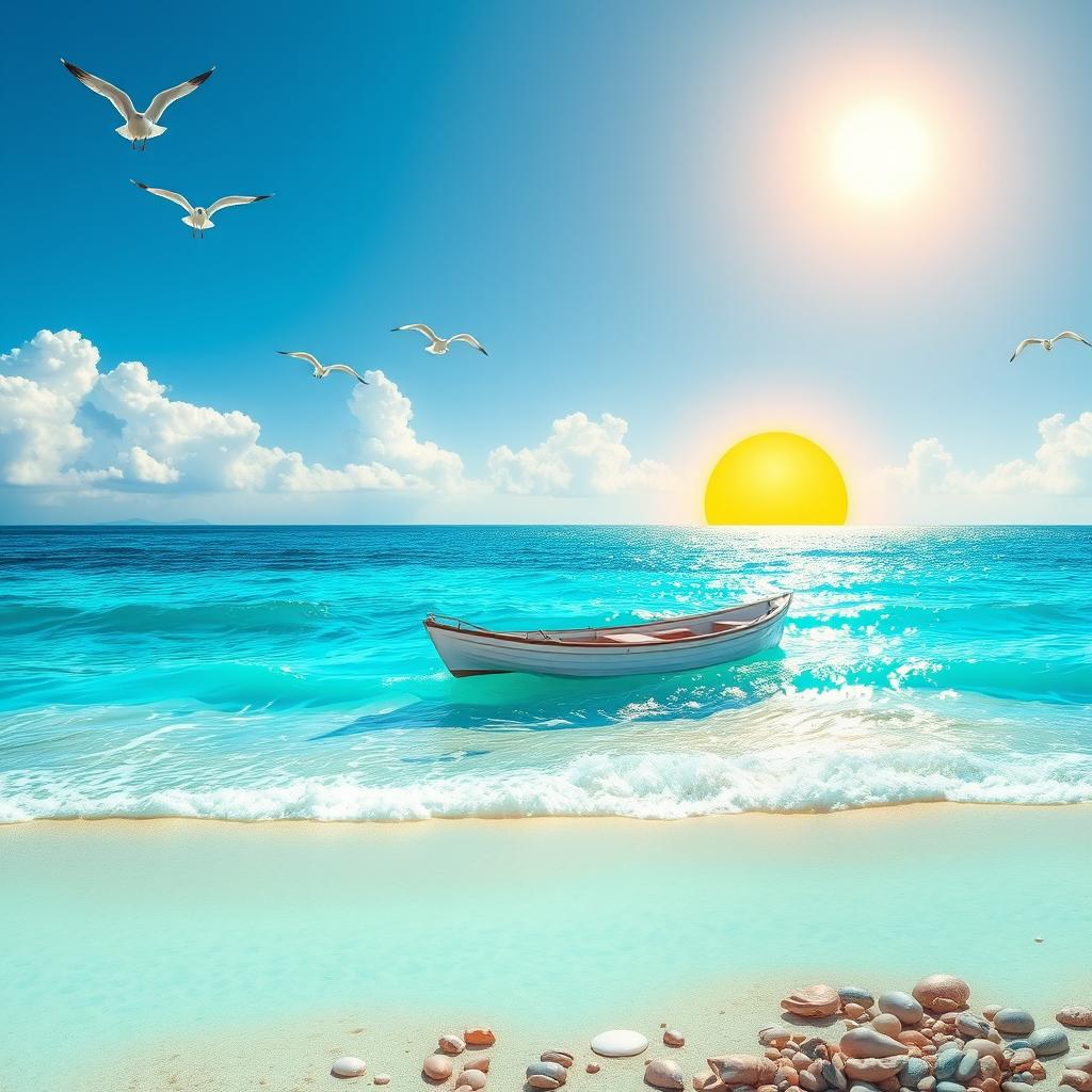 A serene and vibrant ocean scene featuring bright shades of blue in the water, with gentle waves lapping against a sandy beach