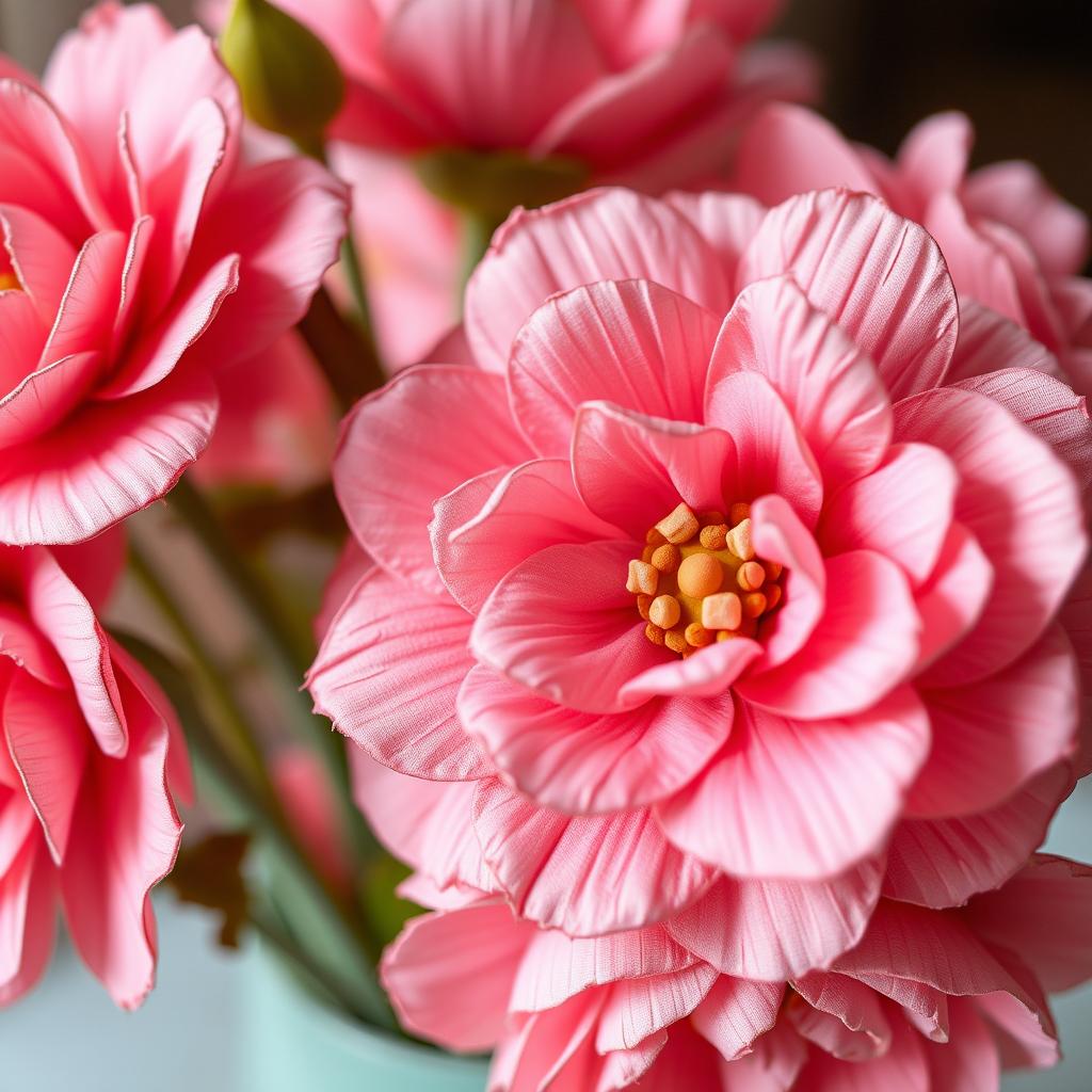 A close-up view of beautifully crafted handmade pink flowers, showcasing intricate details like textured petals, vibrant colors, and a natural, imperfect elegance that highlights the human touch