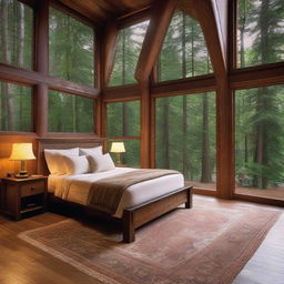 A cozy, rustic bedroom nestled inside a forest retreat, showcasing windows that filter in the serene beauty of tall trees blanketed by the gentle twilight hues.