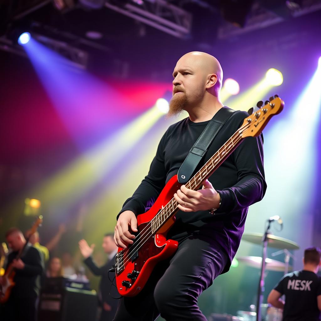 A bald bass guitarist dressed in all black clothing, prominently showcasing a goatee
