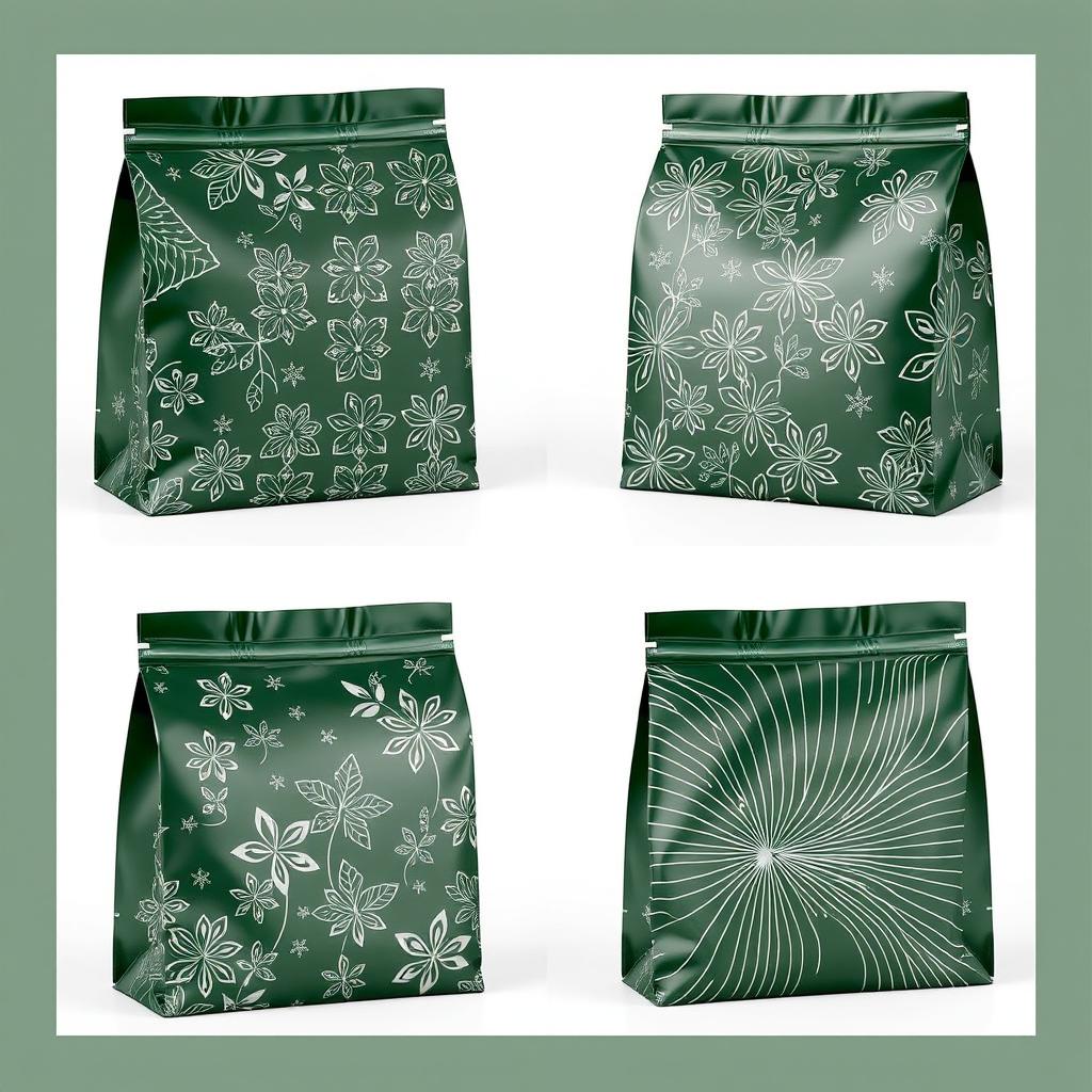 Four images of a square, dark green package bag, featuring various patterns excluding floral designs