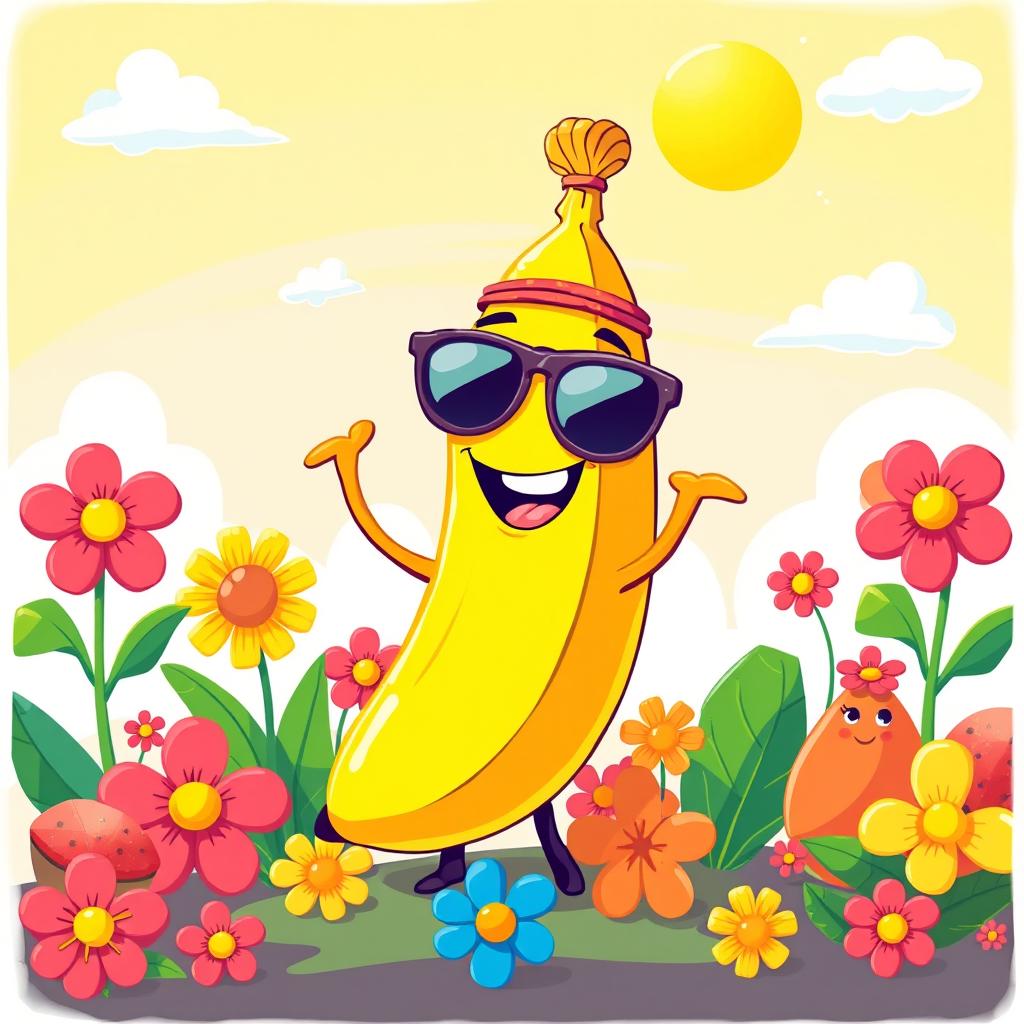 A whimsical and colorful illustration of a banana character with a cheerful expression, set in a vibrant, cartoonish environment