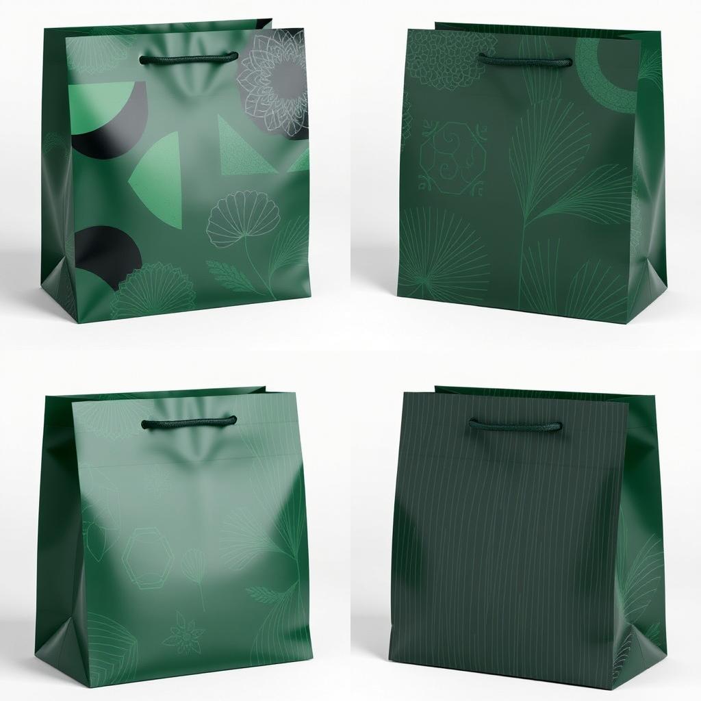 Four images of a square, dark green package bag, featuring an array of unique patterns such as abstract designs, geometric shapes, stripes, and textured elements