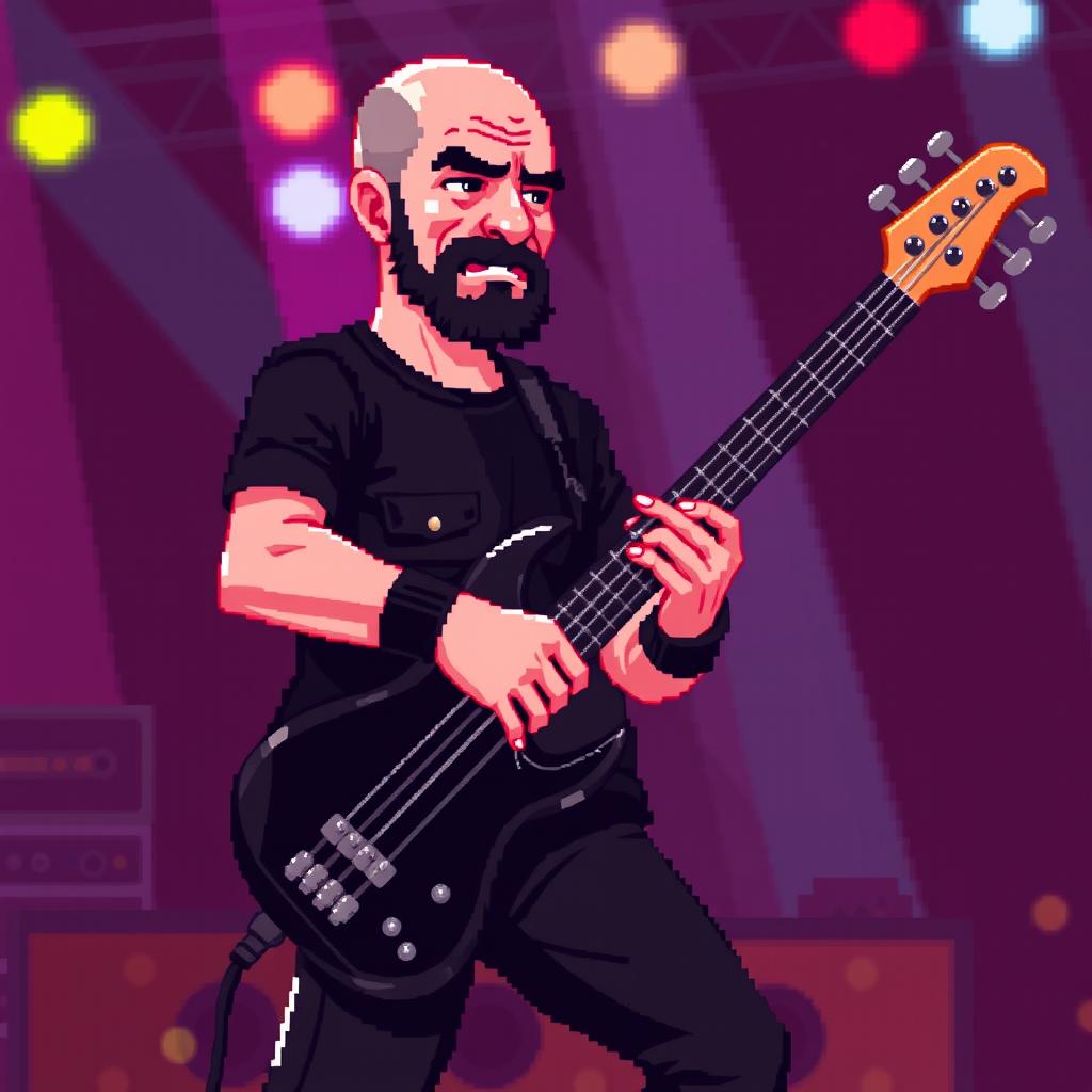 A bald bass guitarist wearing all black clothing, featuring a goatee, depicted in pixel art style