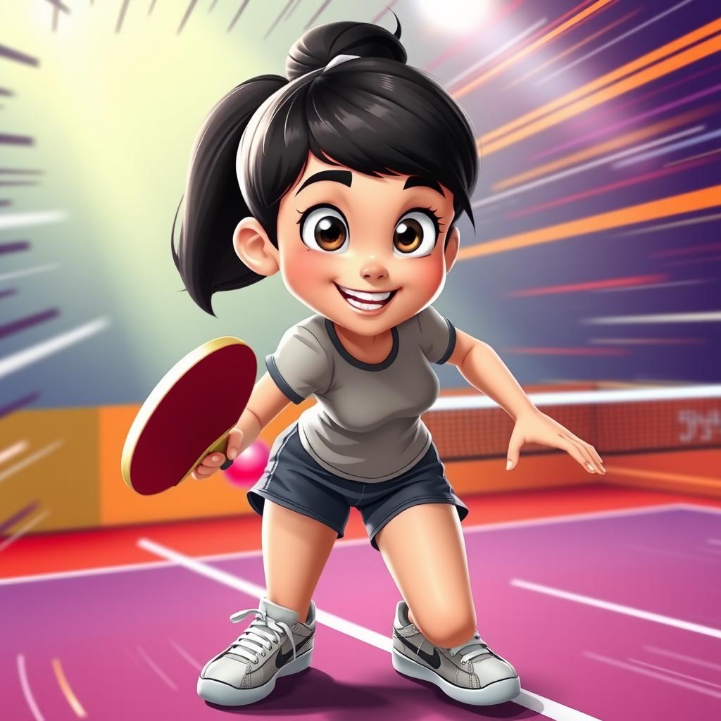 A vibrant Disney Pixar-style character of a 25-year-old female playing table tennis, featuring big, expressive eyes and a confident, joyful smile