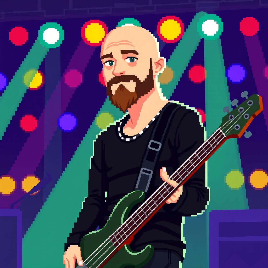 A bald bass guitarist wearing black clothing and sporting a goatee, depicted in a vibrant pixel art style (8-bit)