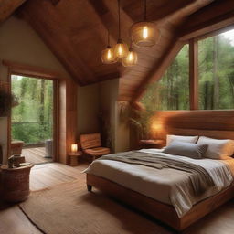 A cozy and rustic bedroom, complete with wooden furniture, warm lighting and soft textures, nestled amidst a verdant forest retreat.