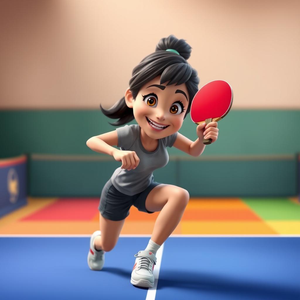 A vibrant Disney Pixar-style character of a 25-year-old female playing table tennis, featuring big, expressive eyes and a joyful smile