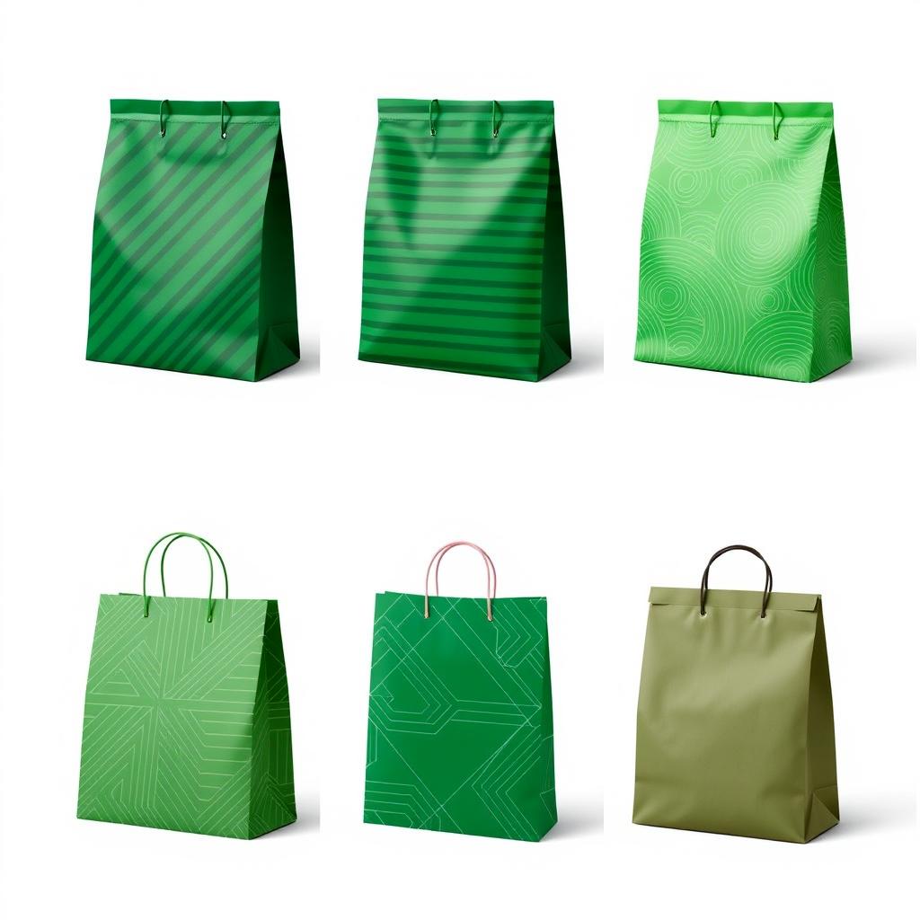 A collection of four visually striking images showcasing a four-sided green package bag, each featuring unique line patterns