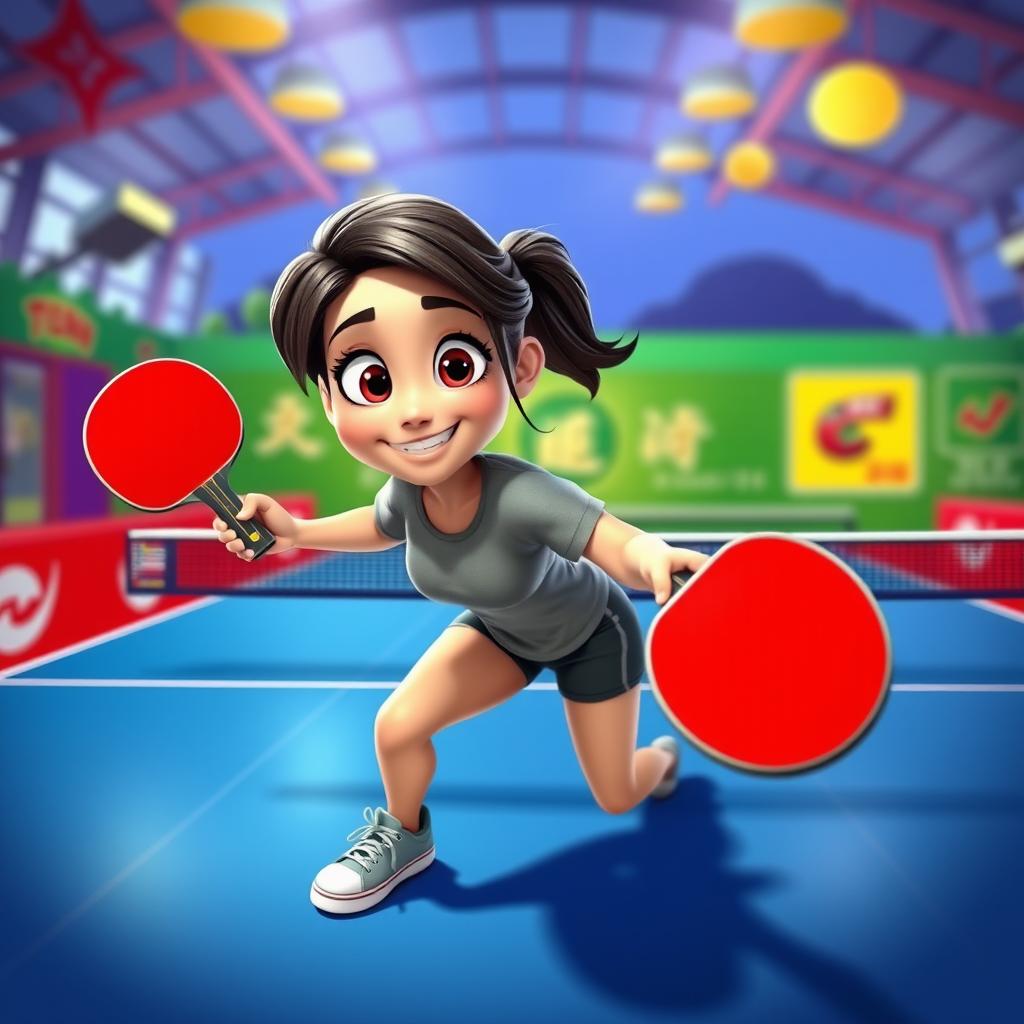 A charming Disney Pixar-style character of a 25-year-old female playing table tennis, with big, expressive eyes and an engaging smile that radiates enthusiasm