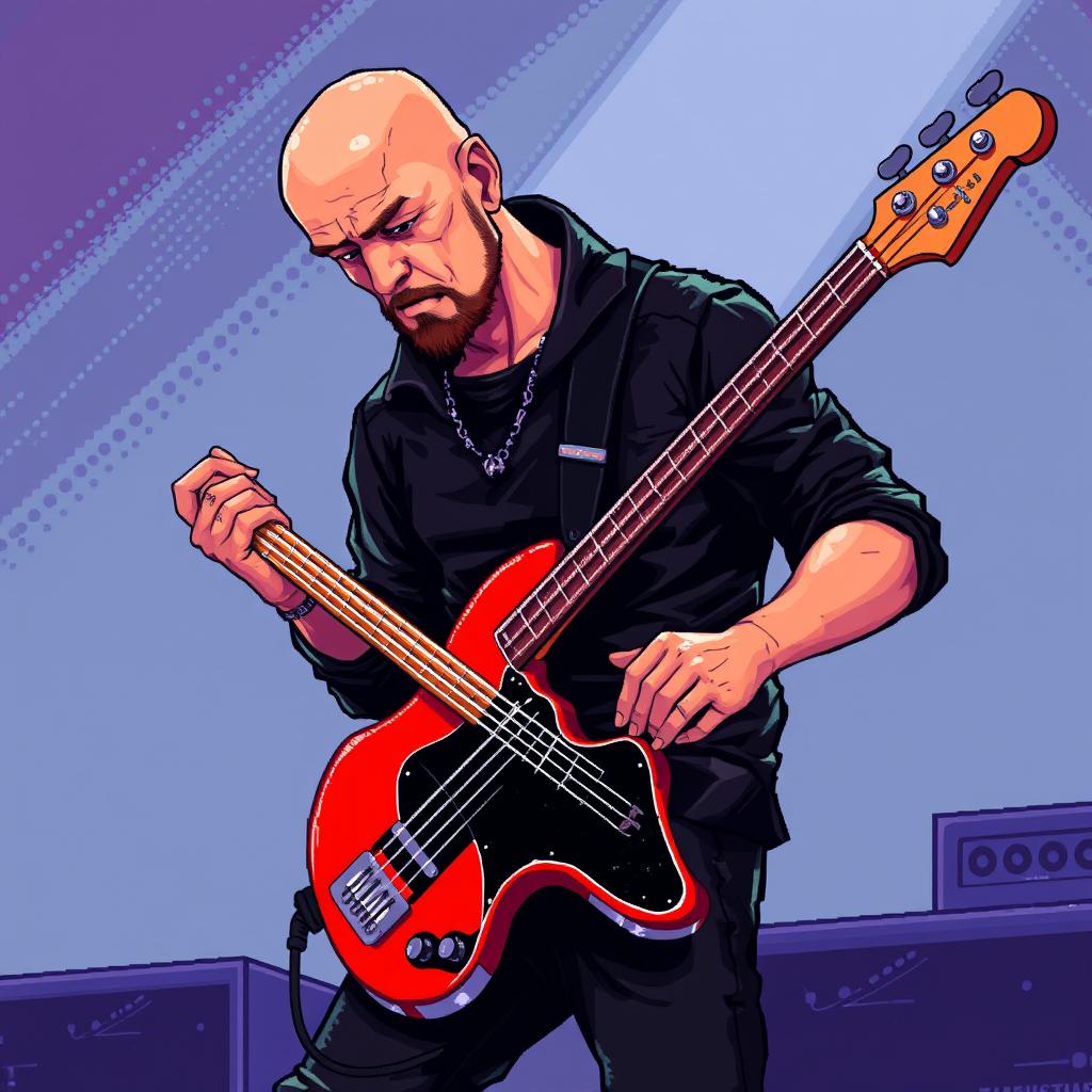 A bald bass guitarist playing a bright red bass guitar, dressed in all black clothing, with a small goatee, depicted in a vibrant and detailed pixel art style