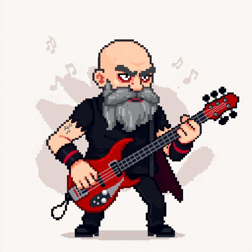 A bald rocker with a red bass guitar, dressed in black clothing, sporting a goatee beard