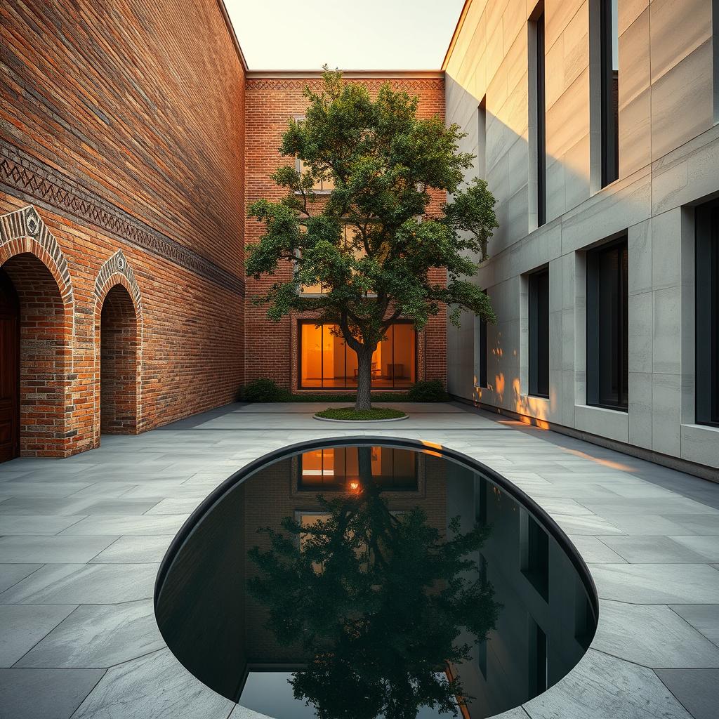 A central courtyard featuring a striking contrast between traditional and modern architecture