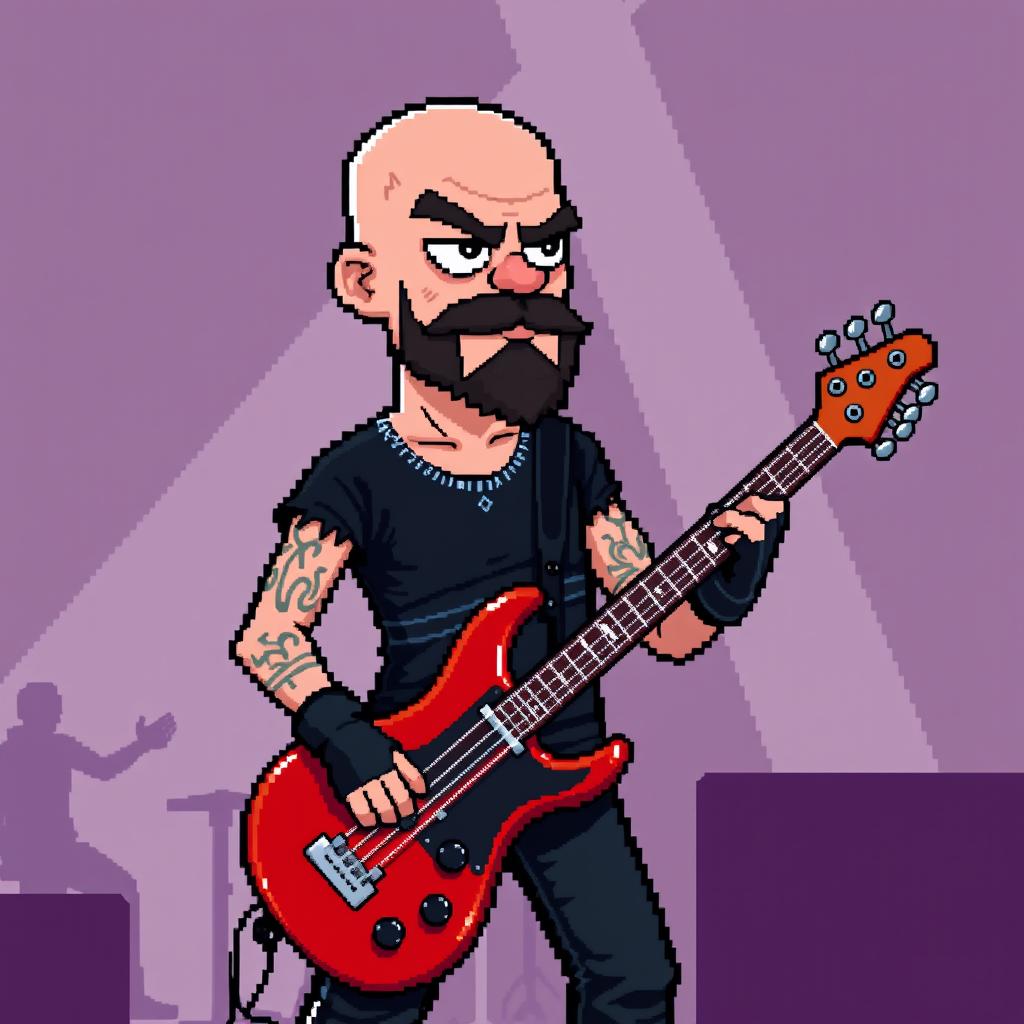 A bald rocker character with a red bass guitar, dressed in all black clothing, featuring a goatee