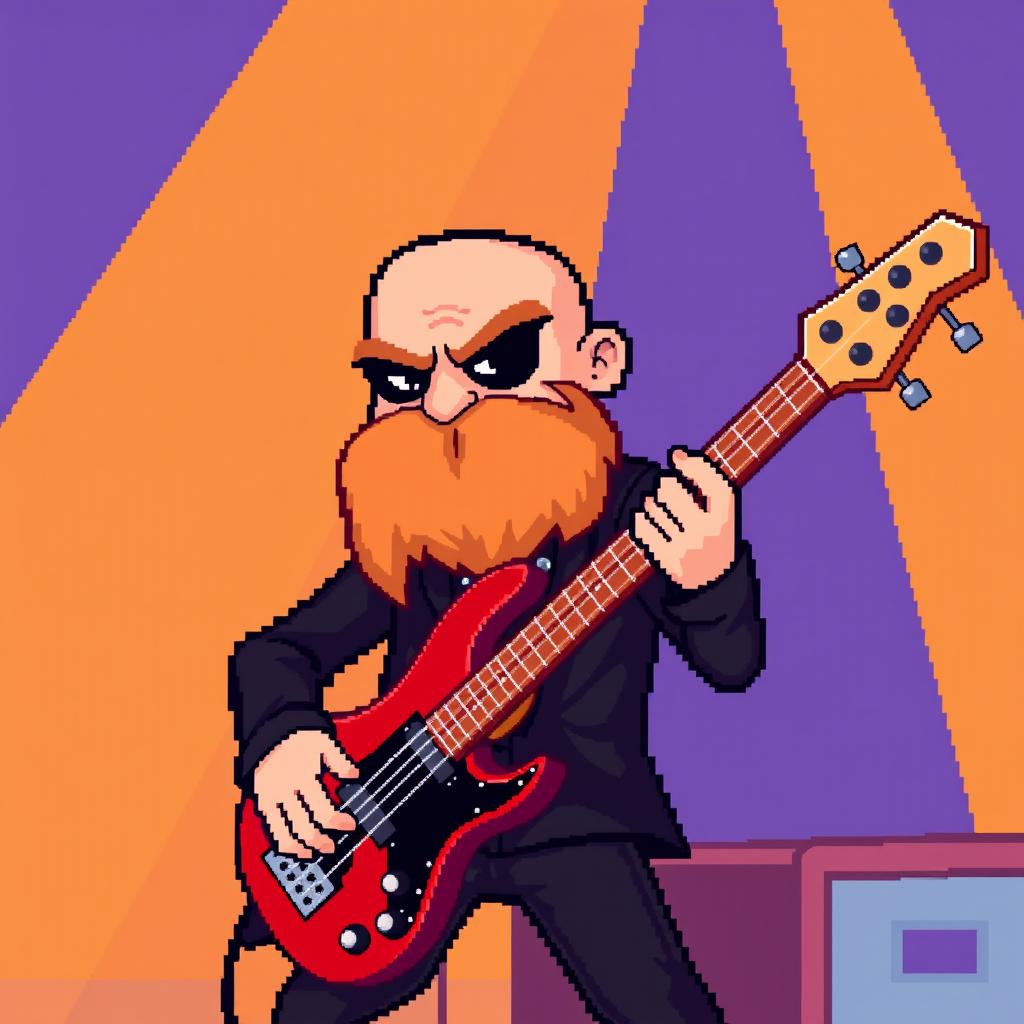 A bald rocker character playing a red bass guitar, dressed in black clothing and sporting a goat beard, depicted in vibrant pixel art style with an 8-bit aesthetic