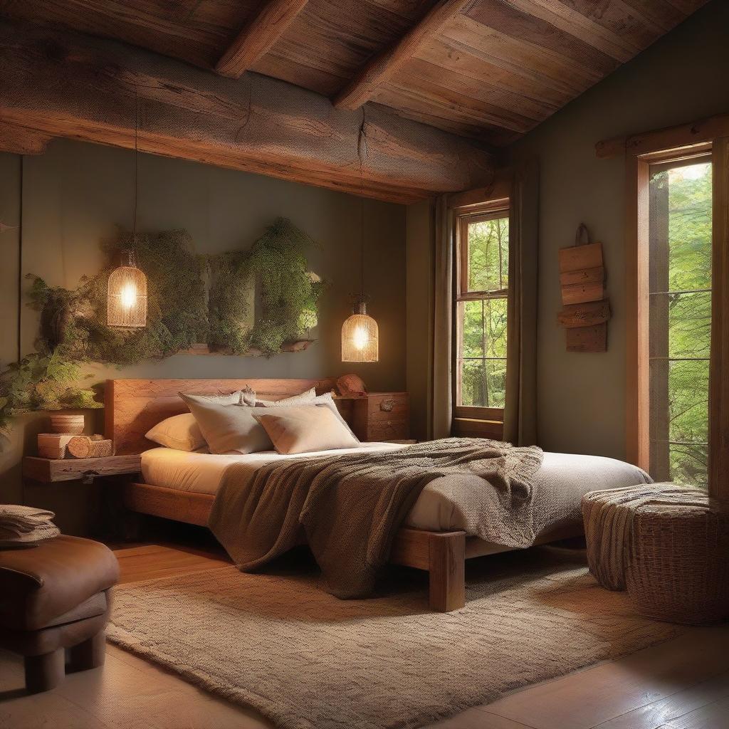 A cozy and rustic bedroom, complete with wooden furniture, warm lighting and soft textures, nestled amidst a verdant forest retreat.