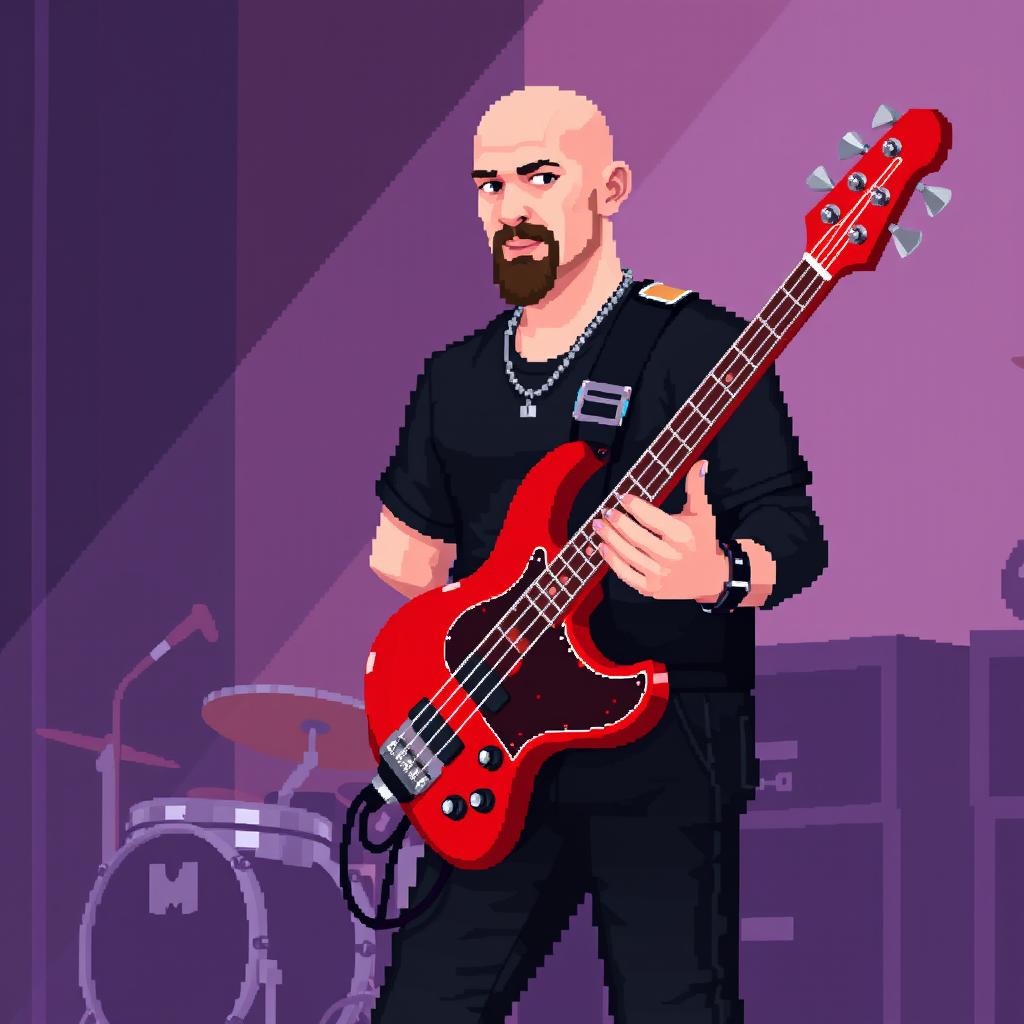A bald rock musician holding a red bass guitar, dressed in all black clothing, sporting a goatee