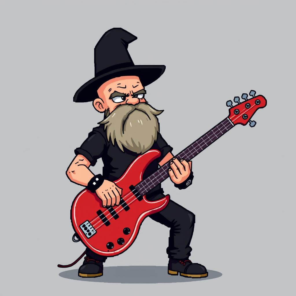 A bald rocker character playing a red bass guitar, dressed in black clothing, featuring a goat-like beard, all illustrated in pixel art style with an 8-bit aesthetic
