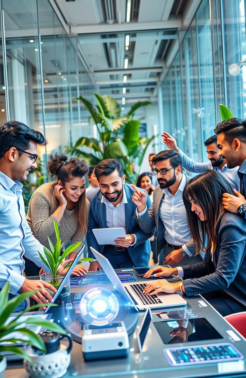 A dynamic and innovative entrepreneurial environment showcasing a diverse group of thriving business professionals actively engaging with advanced AI technology
