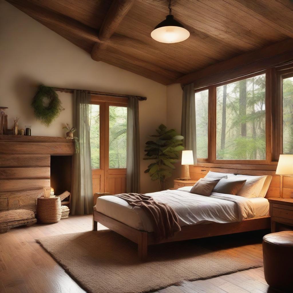 A cozy and rustic bedroom, complete with wooden furniture, warm lighting and soft textures, nestled amidst a verdant forest retreat.