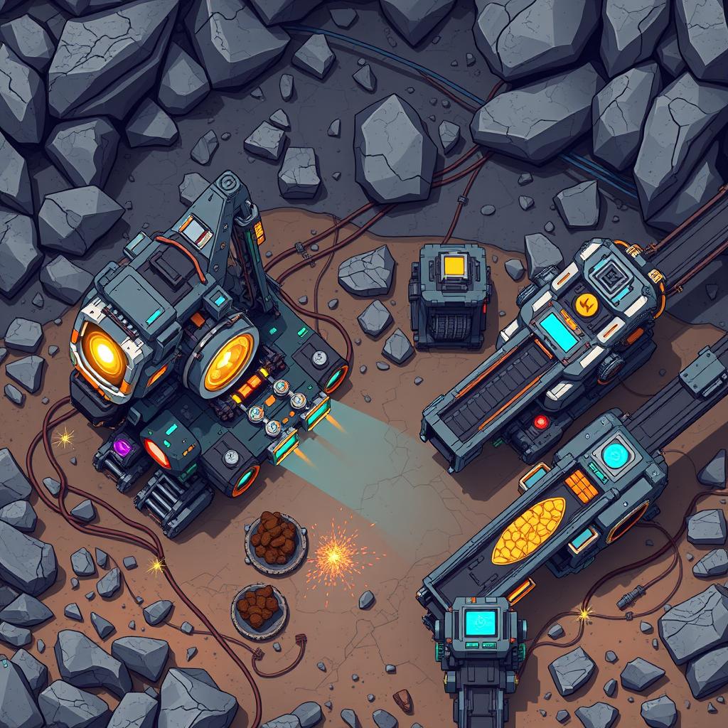 A detailed top-down view of futuristic mining equipment in pixel art style