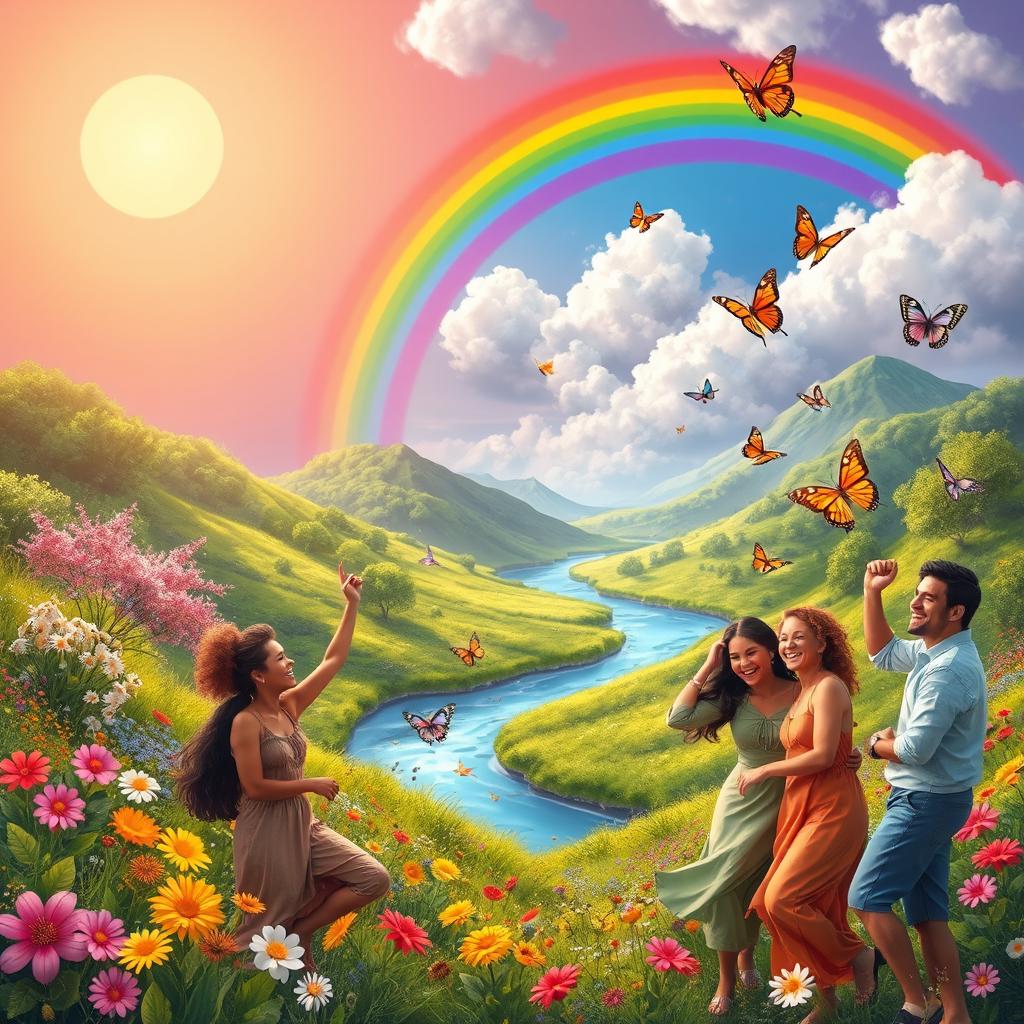 An allegorical representation of happiness, featuring a radiant sun shining down on a vibrant landscape filled with blooming flowers, lush greenery, and a serene river